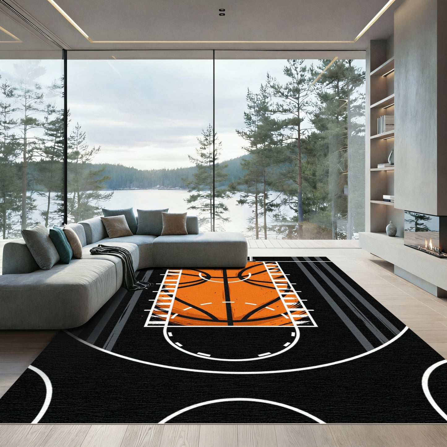 Graphic Basketball Court Orange Black Rug