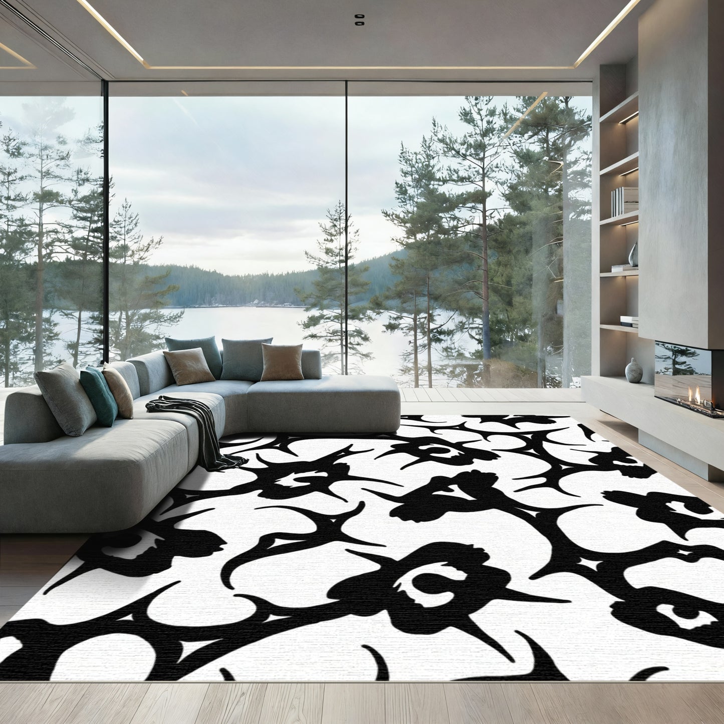 Bold Black Organic Spiky Floral Rug