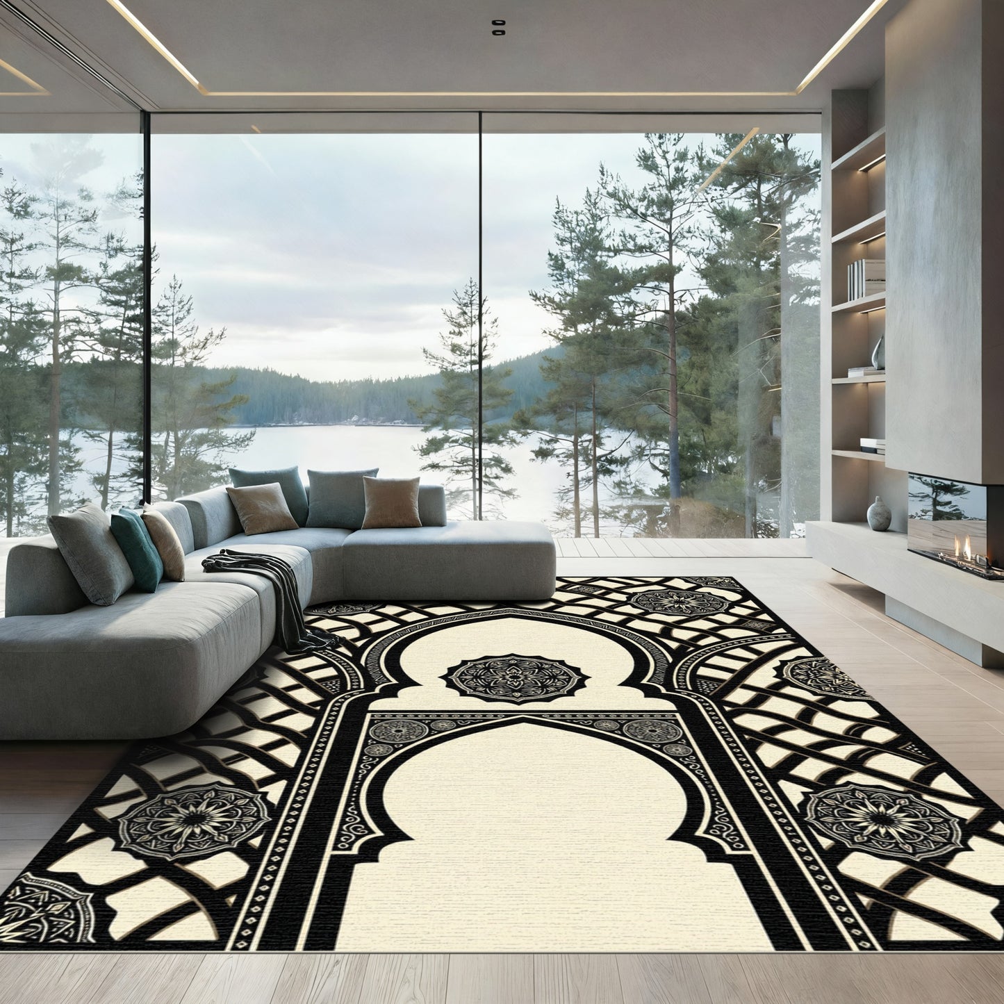Elegant Monochrome Arched Geometric Mandala Rug