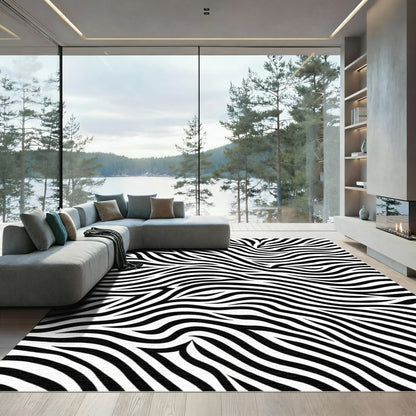 Bold Black White Wavy Stripes Rug