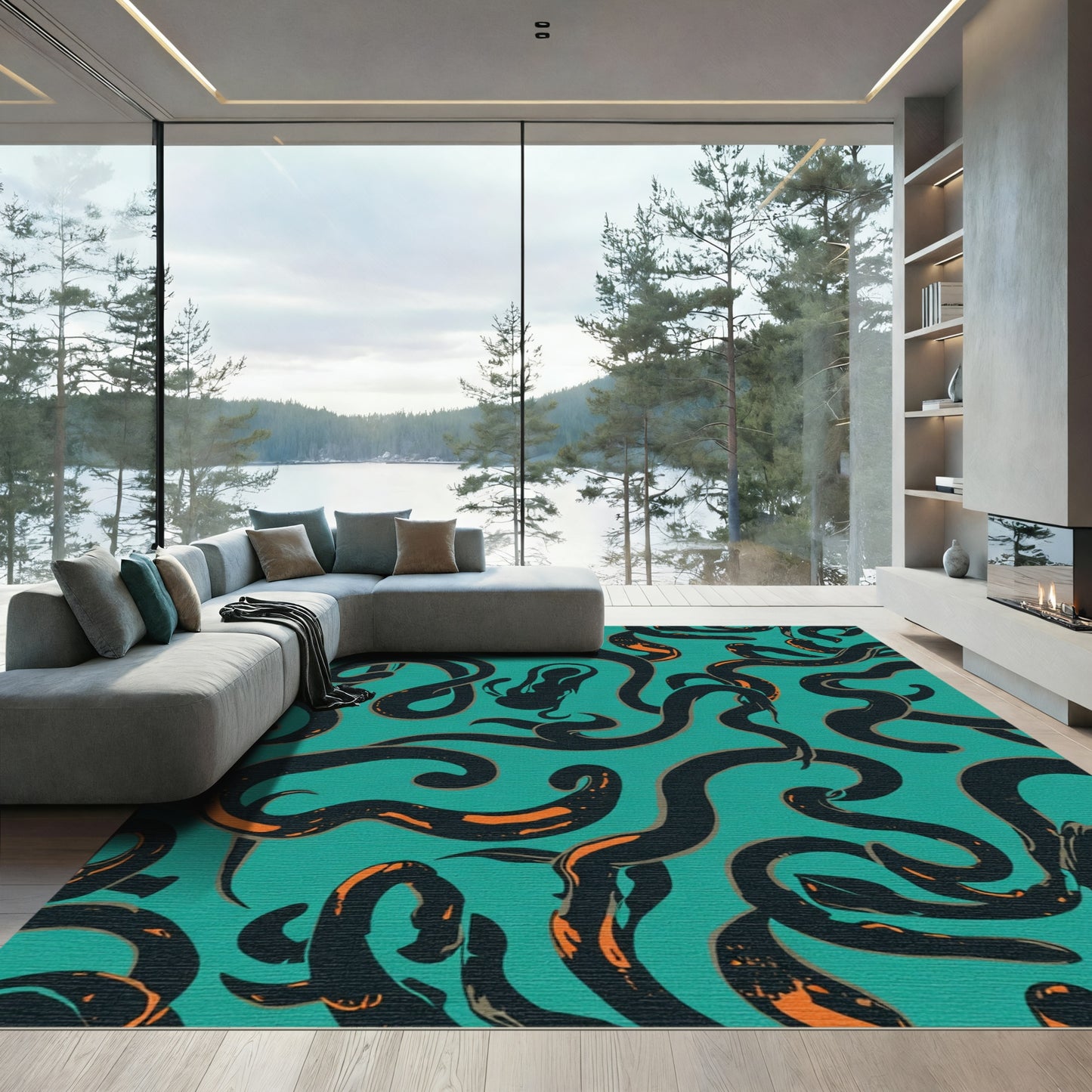 Teal And Orange Serpent Swirl Rug