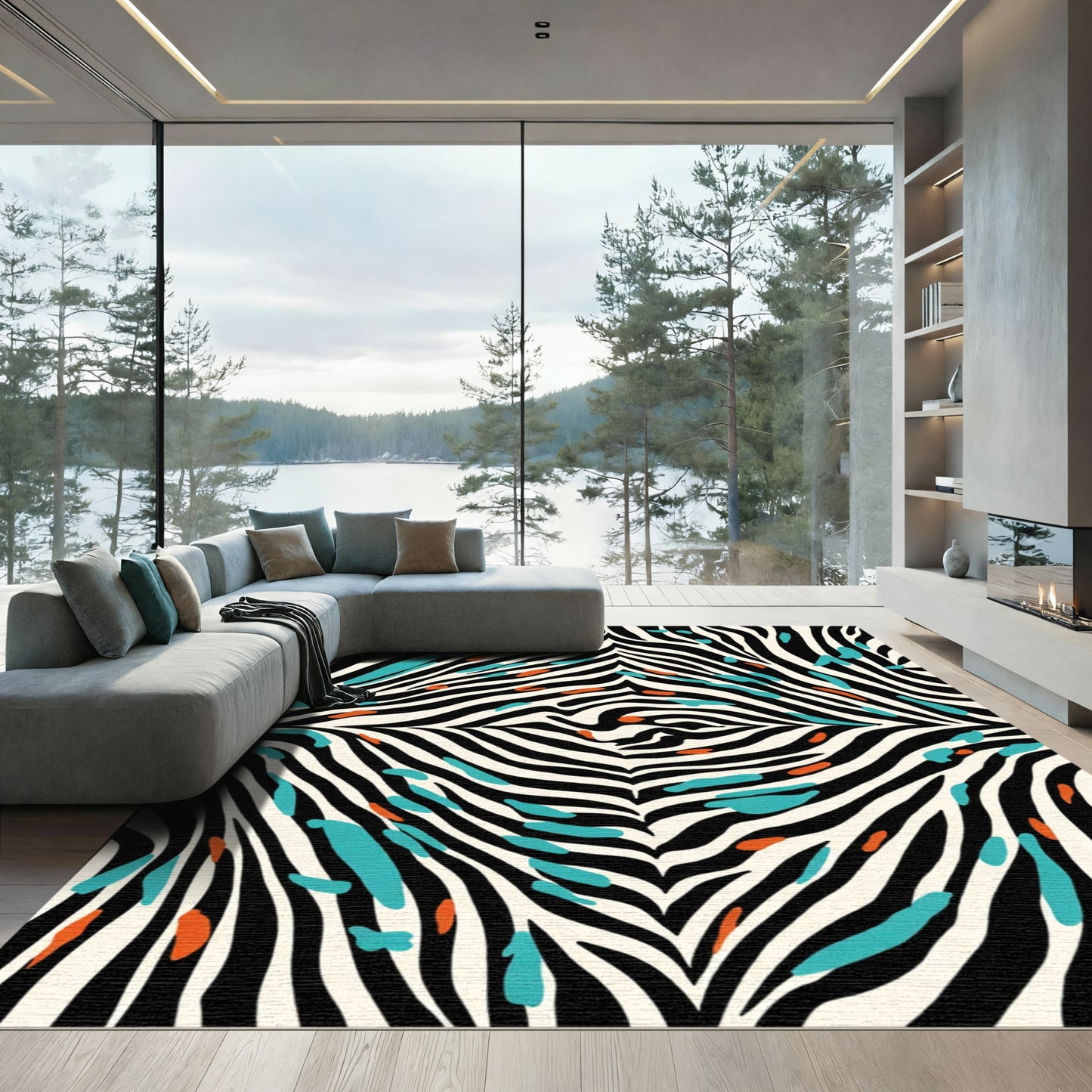 Bold Animal Print Teal Orange Stripes Rug