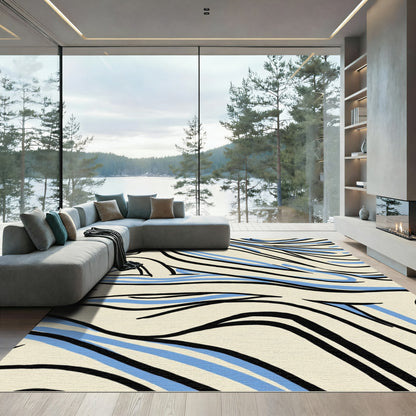 Cream Black Blue Wavy Lines Rug