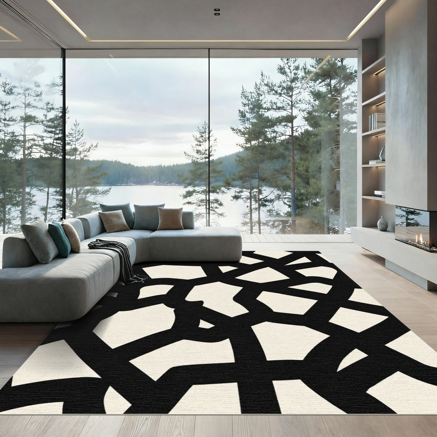 Modern Black Intertwined Organic Shapes Rug