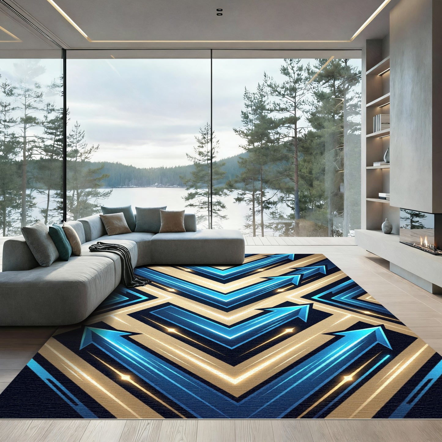 Luminous Blue Golden Arrow Geometric Art Rug