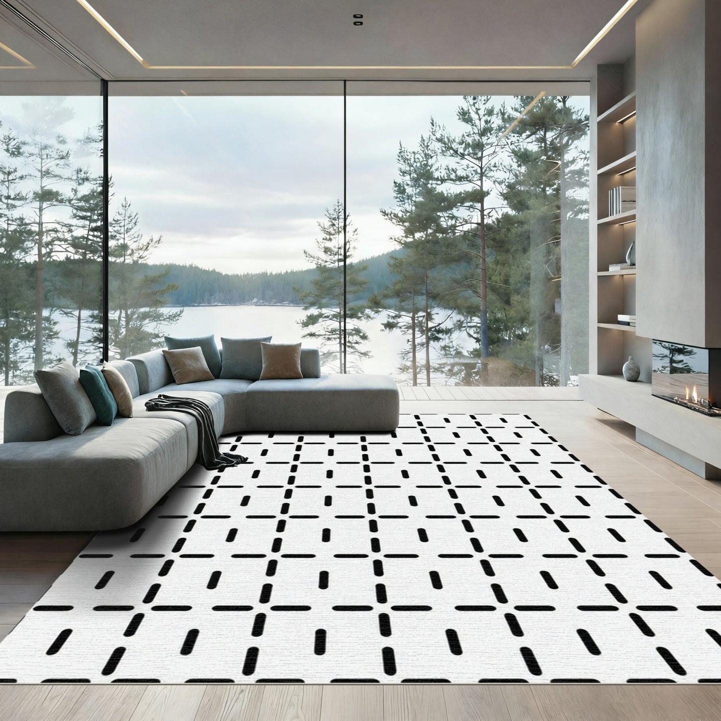 Black and white geometric dash squares Rug