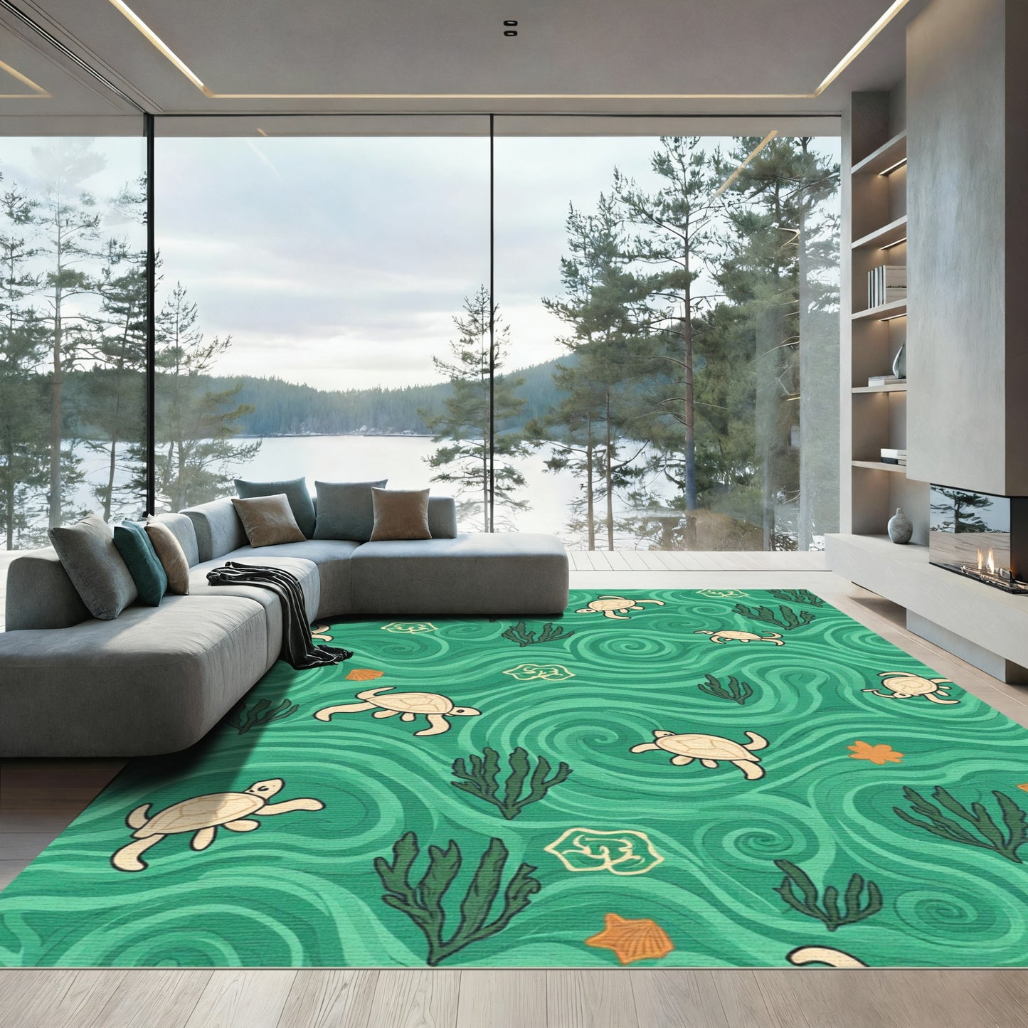 Sea Turtle Swirl Green Aquatic Rug