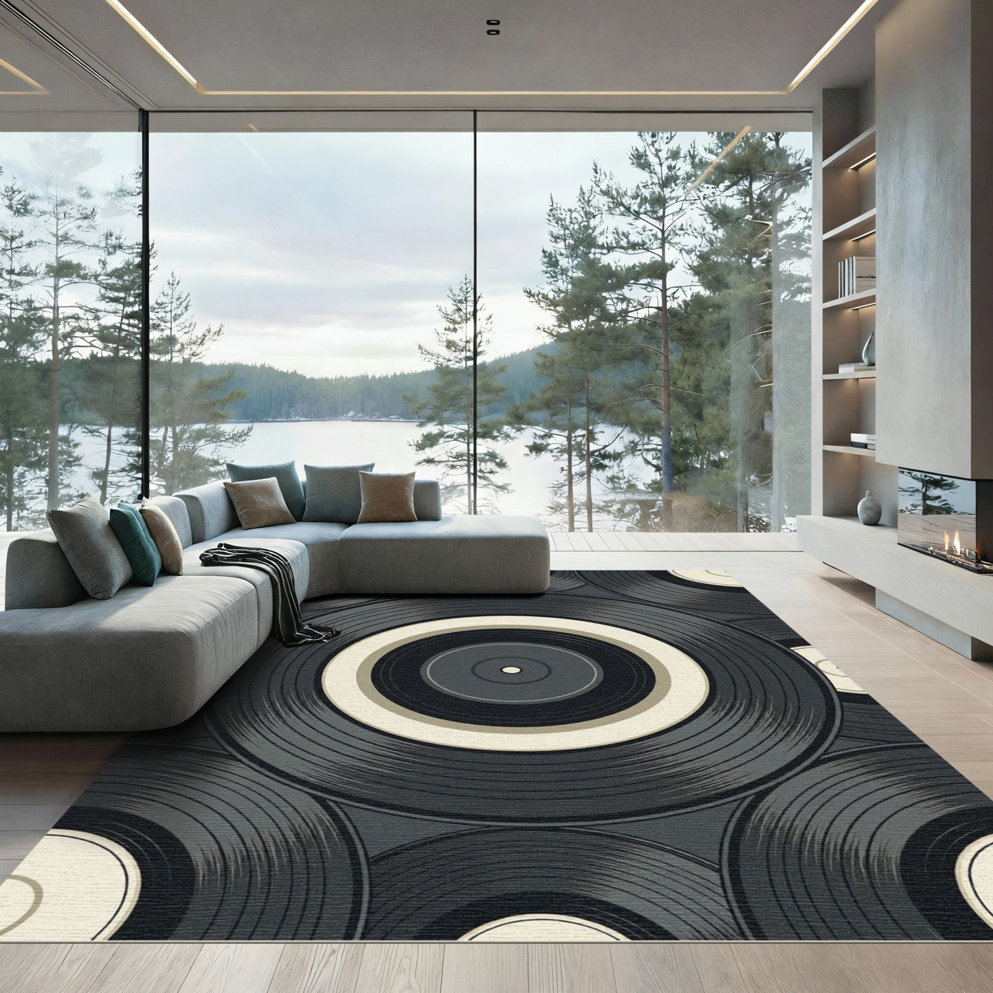 Retro Monochrome Vinyl Record Circular Art Rug