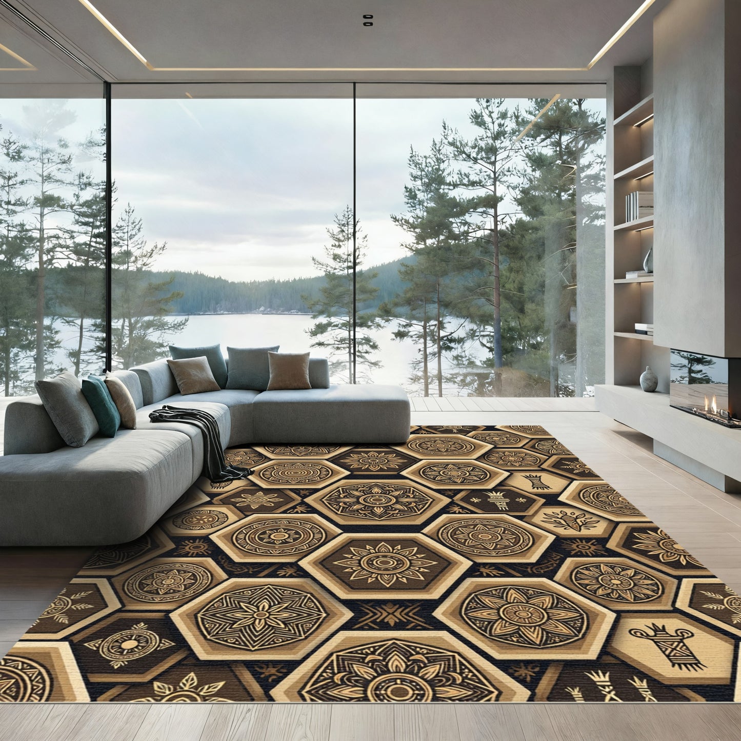 Golden Hexagon Medallion Geometric Art Rug