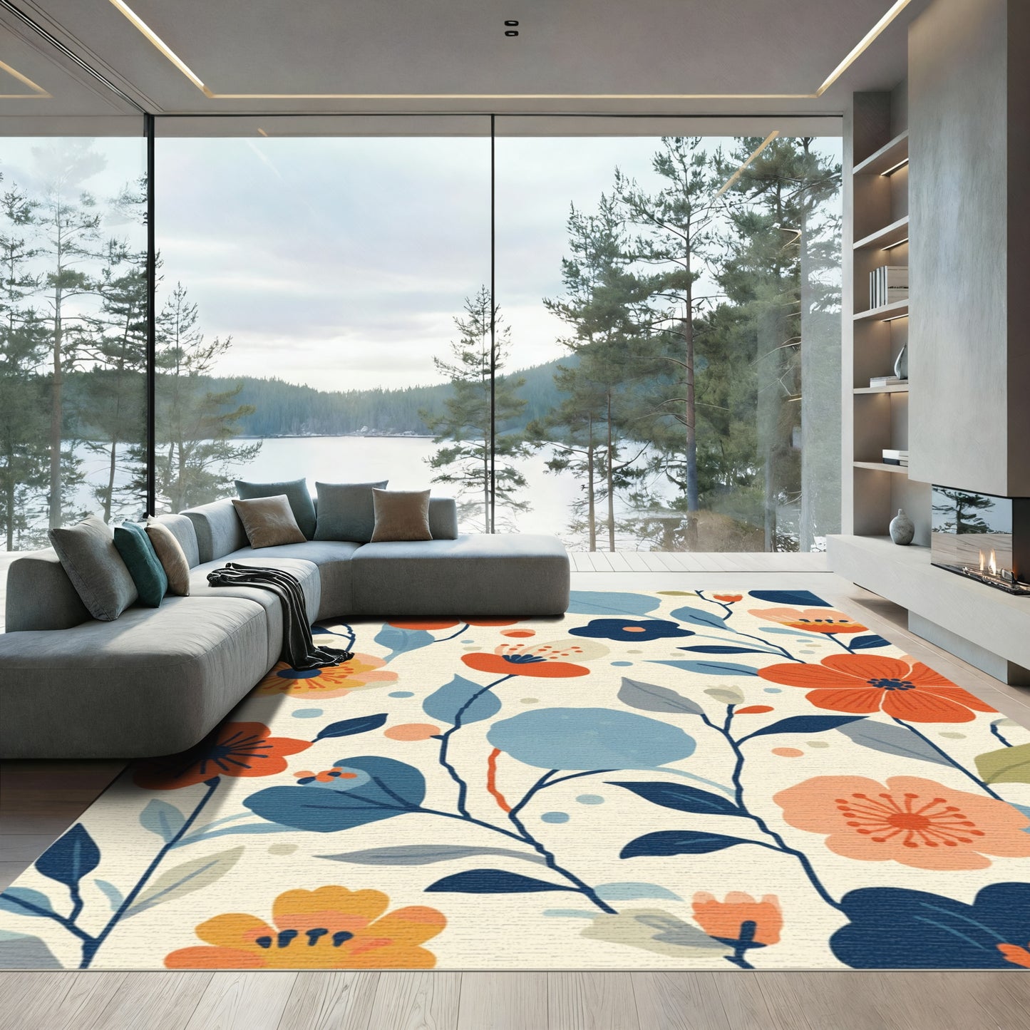 Rustic Orange Blue Floral Blossom Rug