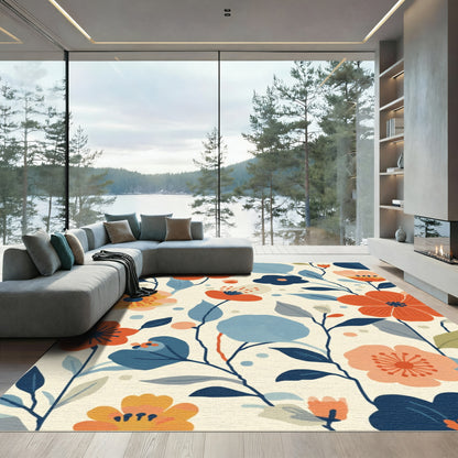 Rustic Orange Blue Floral Blossom Rug