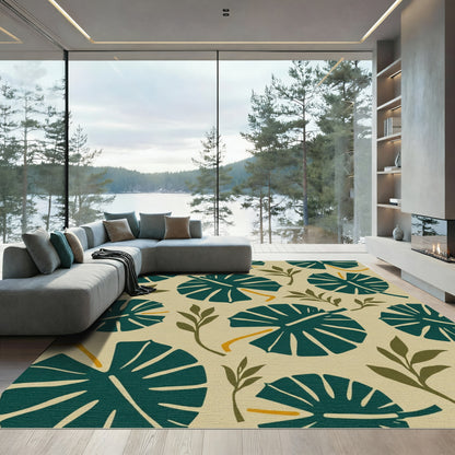 Teal Monstera Leaves Yellow Ochre Vine Rug