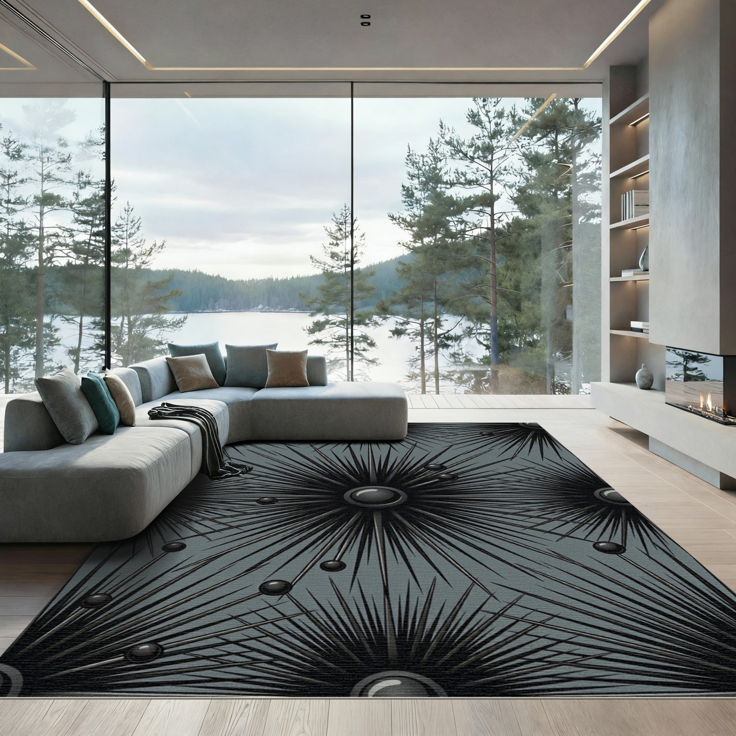 Dark Gray Abstract Spiky Starburst Rug