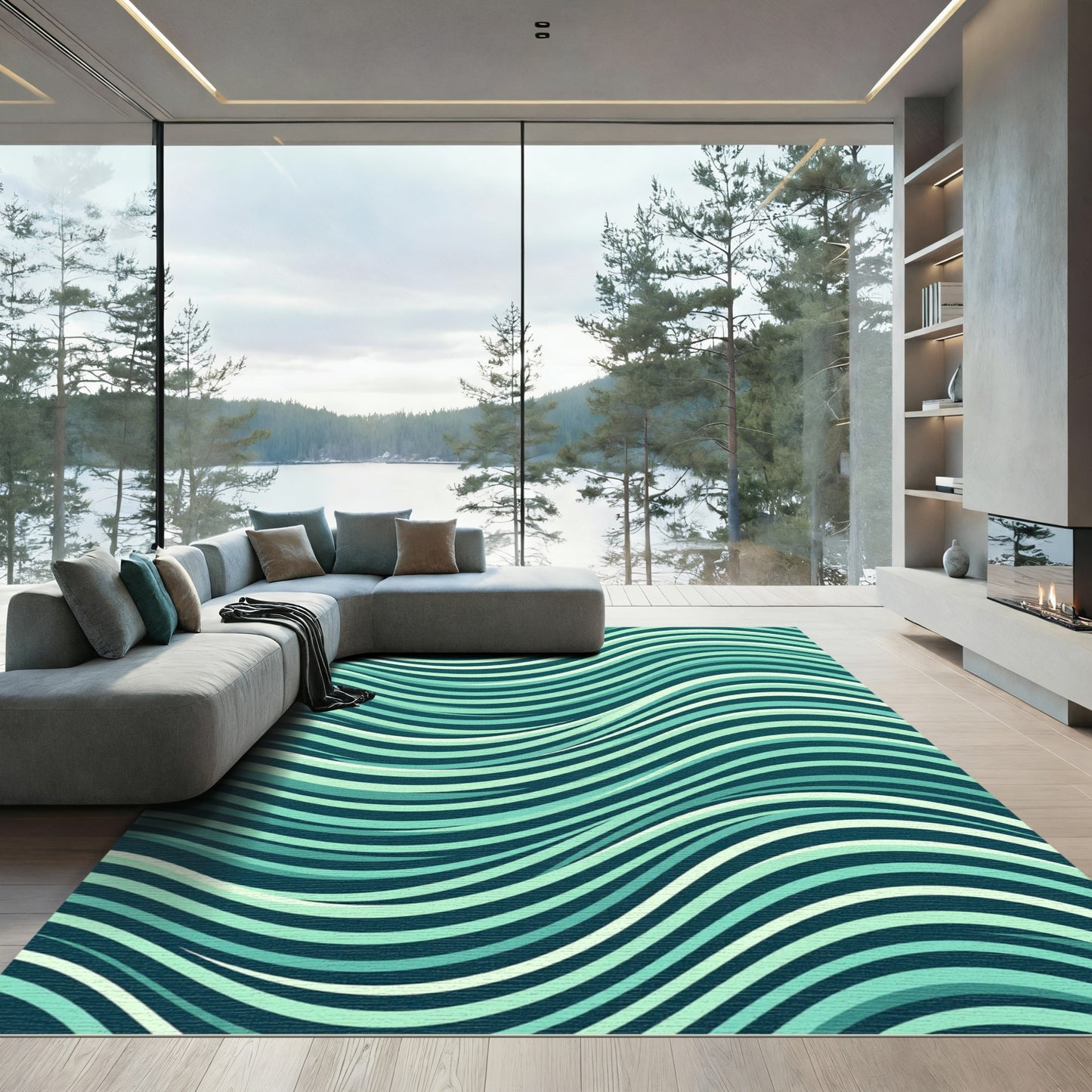 Teal And White Wavy Stripe Rug