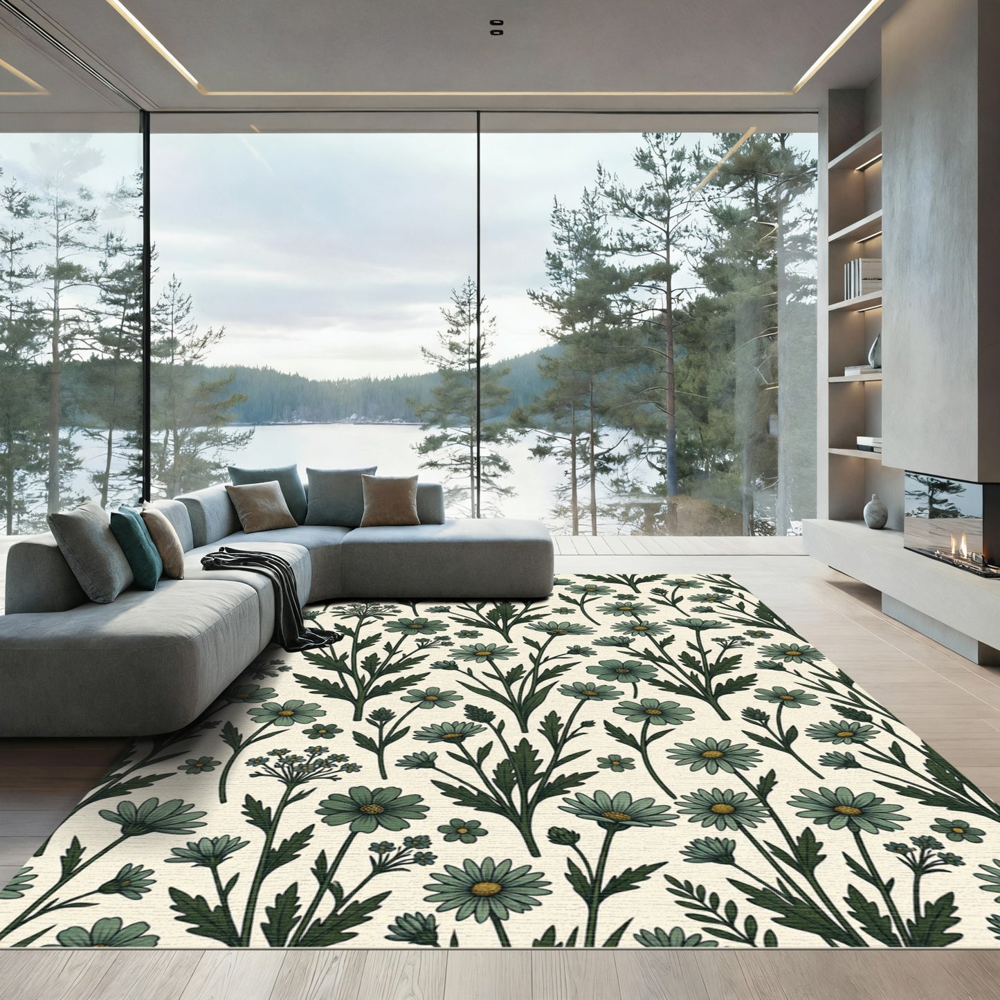 Green Daisy Meadow Field Rug