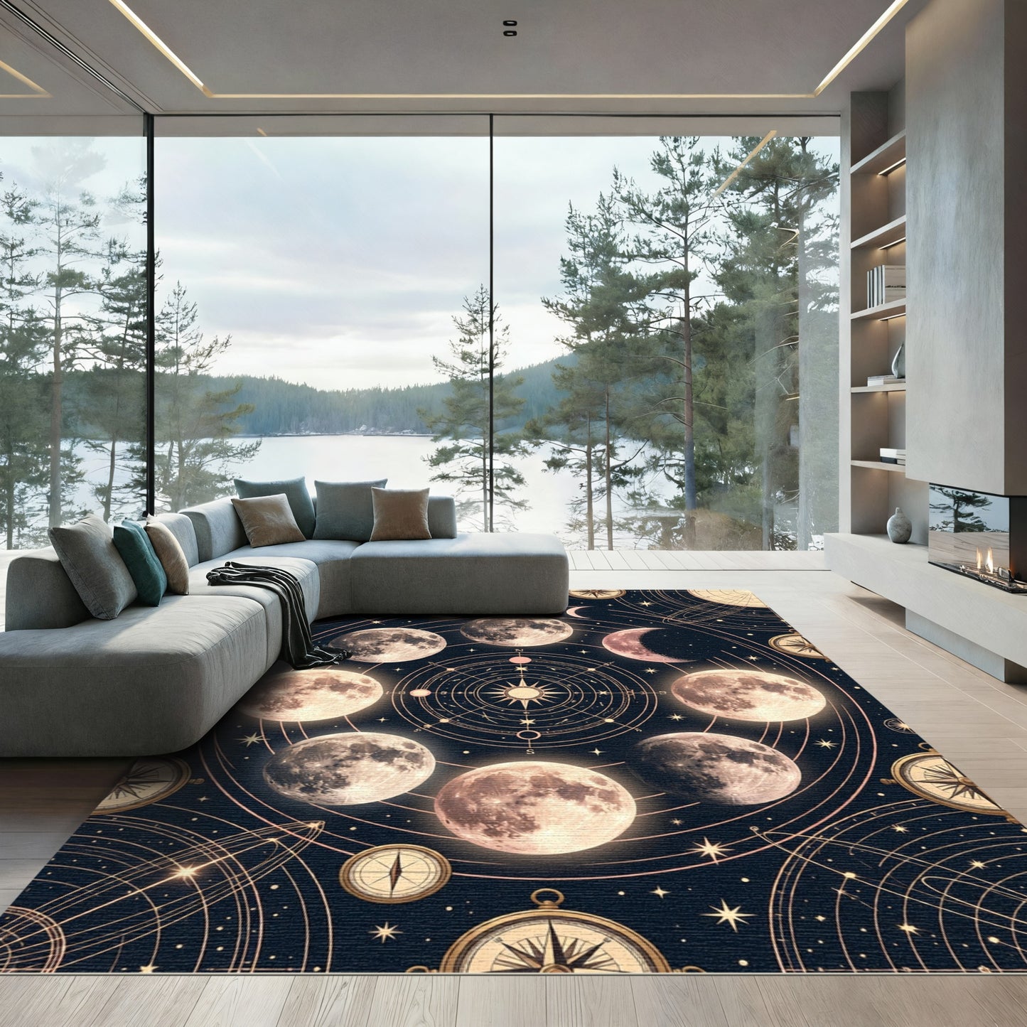 Celestial Lunar Phase Gold Astronomy Art Rug