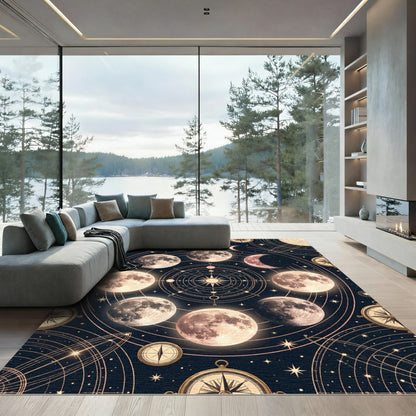 Celestial Lunar Phase Gold Astronomy Art Rug