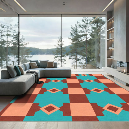 Terracotta Teal Geometric Diamond Check Rug