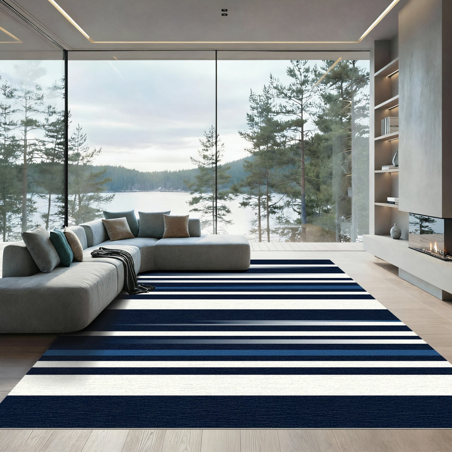 Minimalist Navy and White Striped Abstract Rug