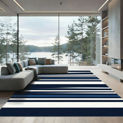 Minimalist Navy and White Striped Abstract Rug