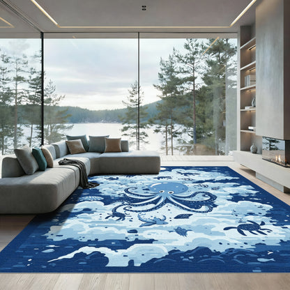 Whimsical Blue Undersea Octopus Turtles Rug