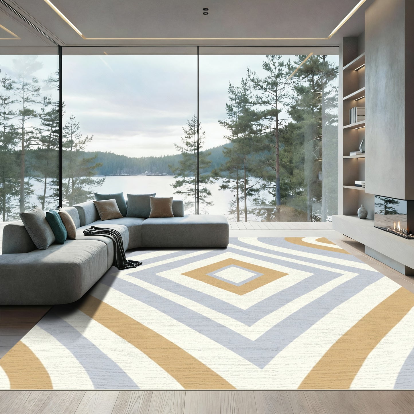 Ochre Blue White Diamond Stripe Rug