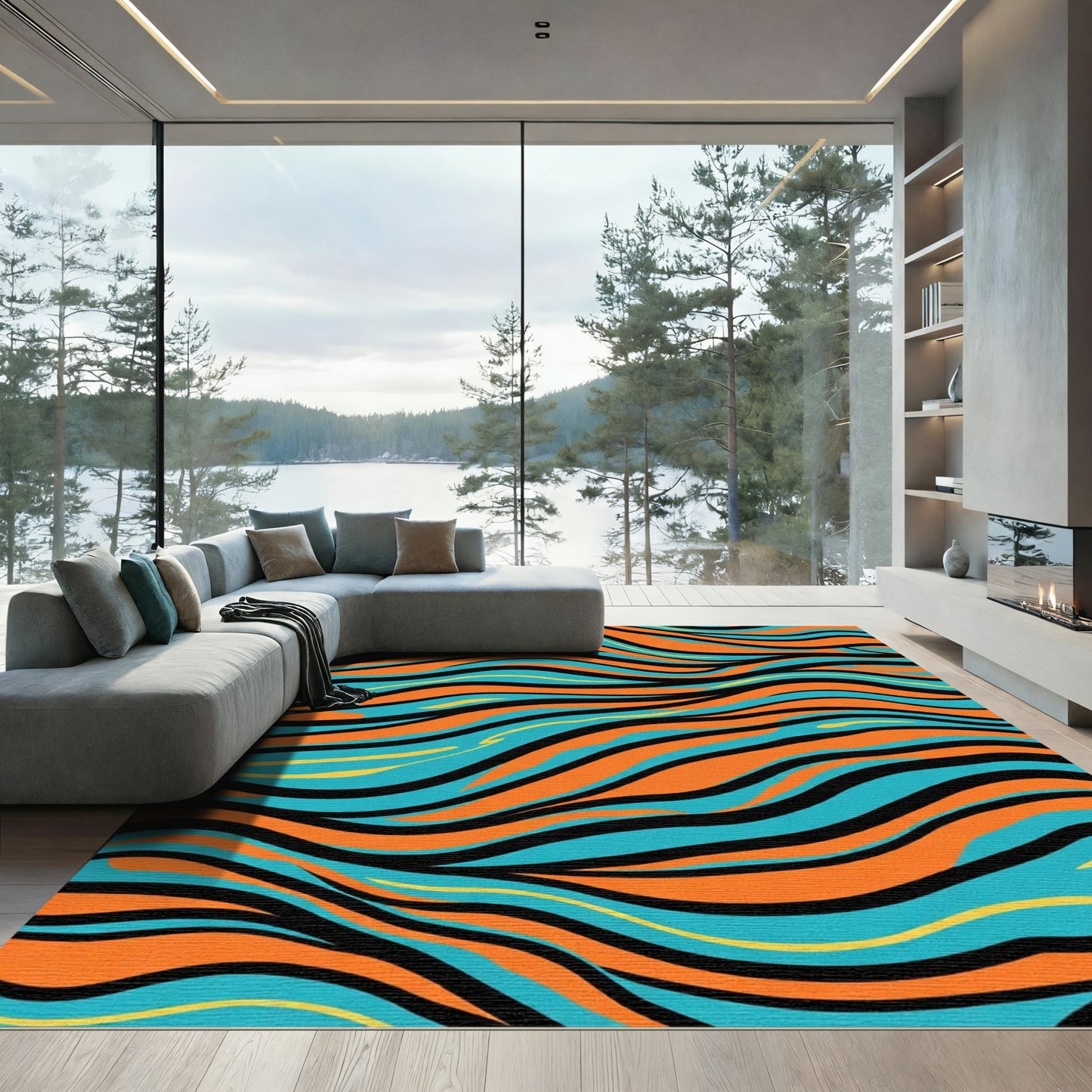 Bold Orange Teal Wavy Stripe Rug