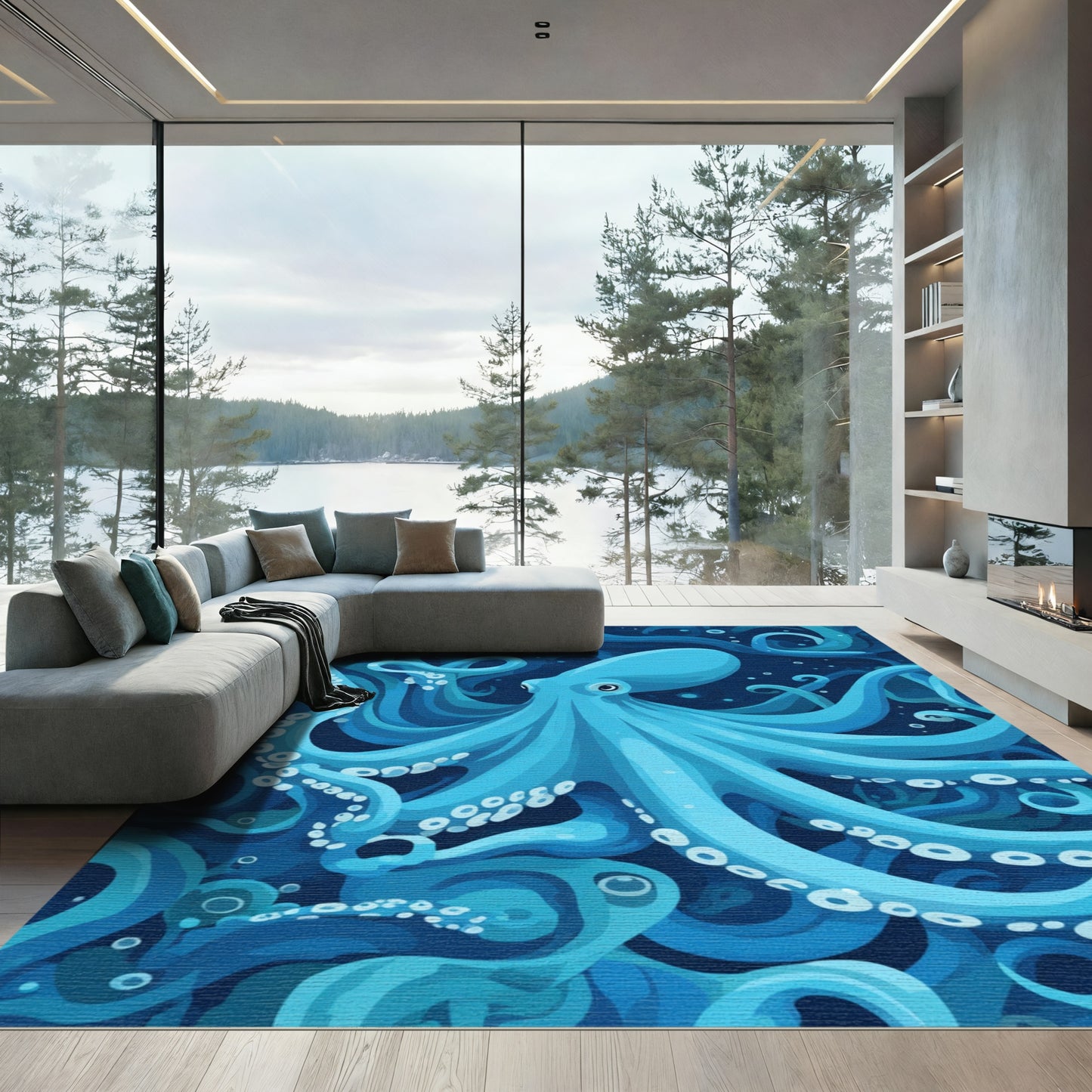 Deep Ocean Blue Octopus Swirls Rug