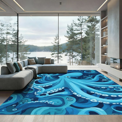 Deep Ocean Blue Octopus Swirls Rug