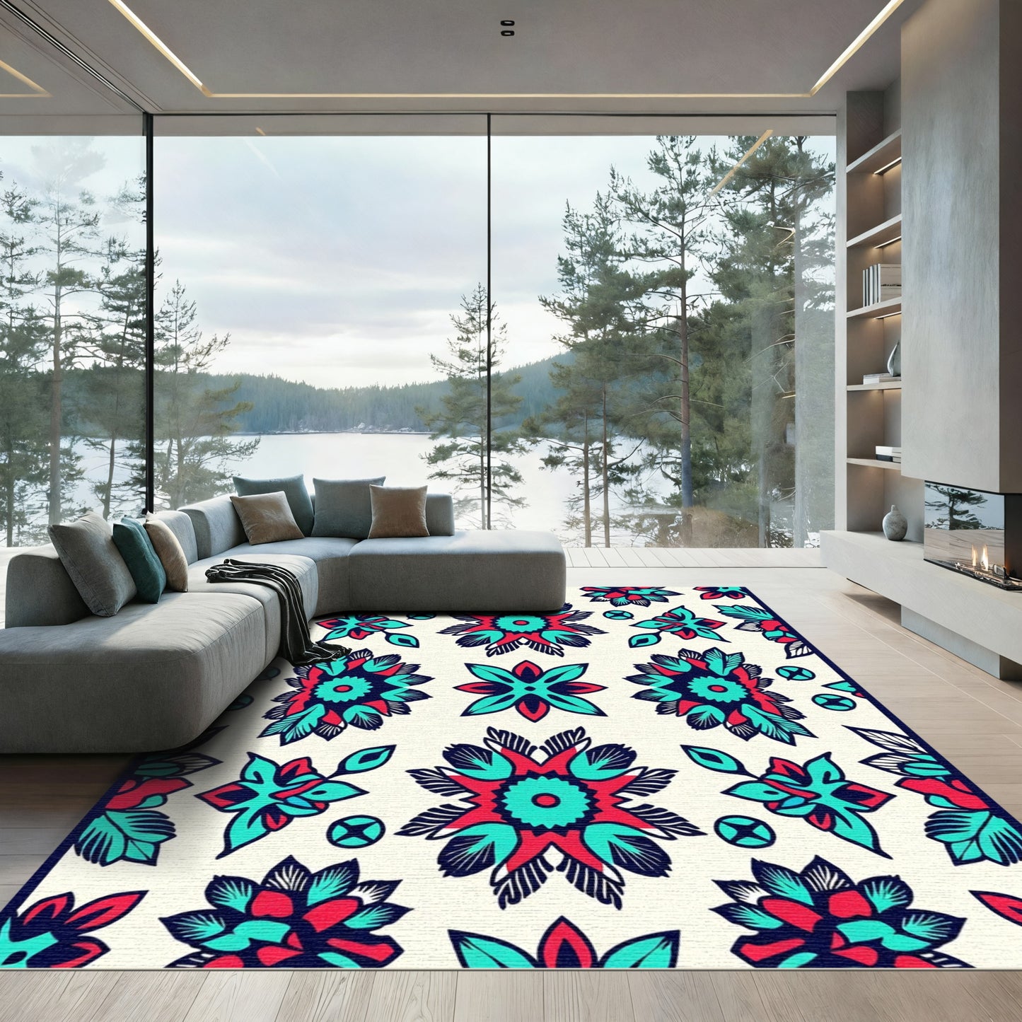 Bold Red Teal Floral Medallion Rug