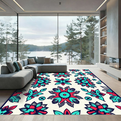 Bold Red Teal Floral Medallion Rug