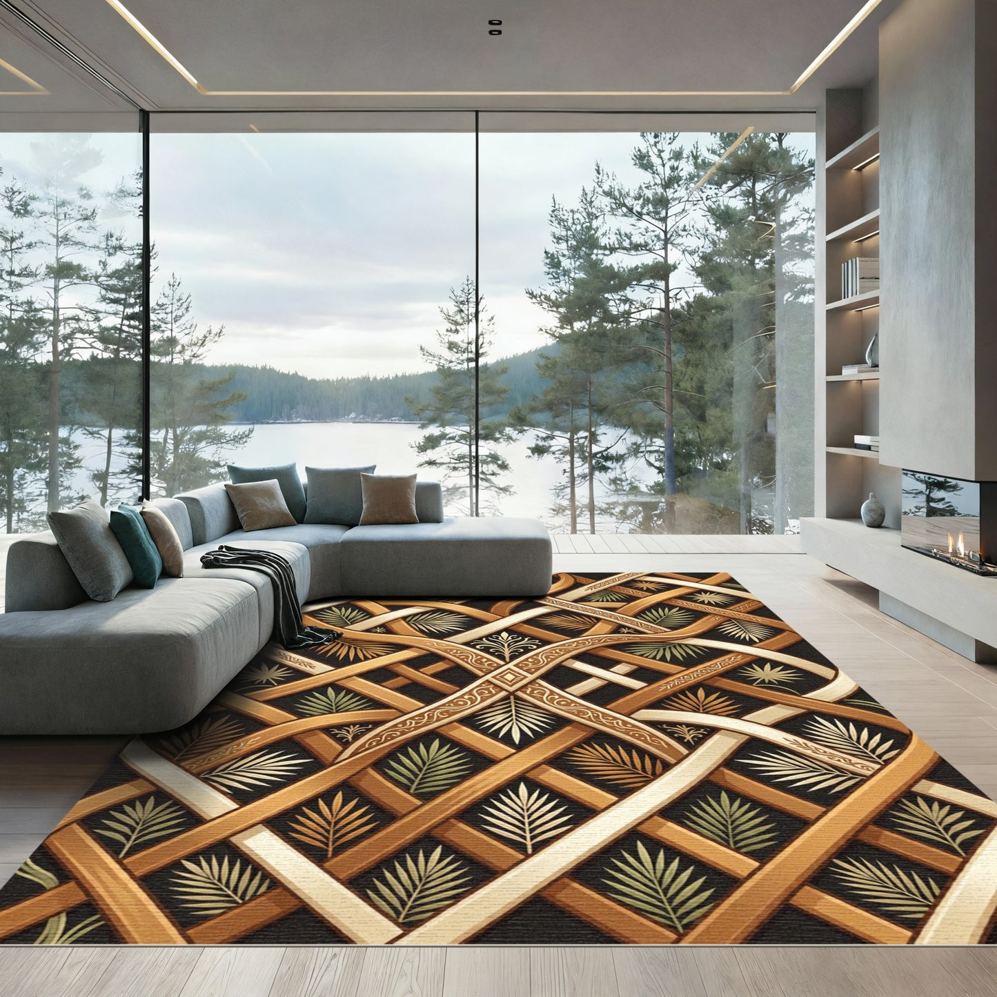 Intricate Gold Beige Interwoven Leaf Rug