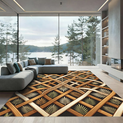 Intricate Gold Beige Interwoven Leaf Rug