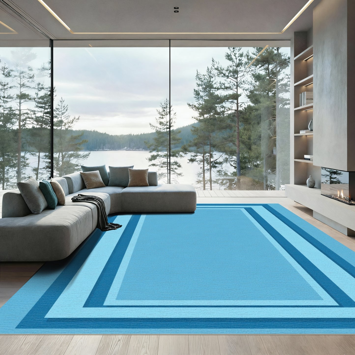 Geometric Layered Rectangle Sky Blue Rug