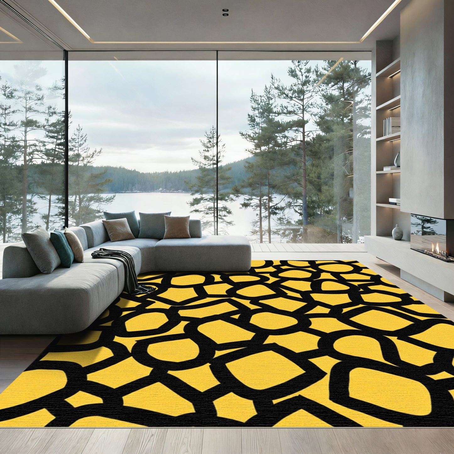 Bold Yellow Black Organic Shapes Rug