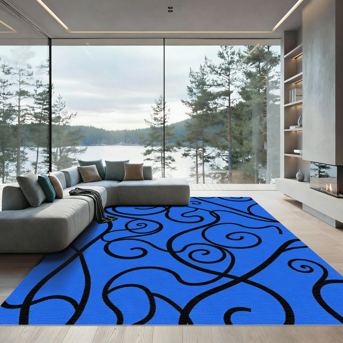 Bold Black Swirl Blue Ground Rug
