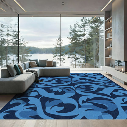Deep Blue Scrolling Floral Rug