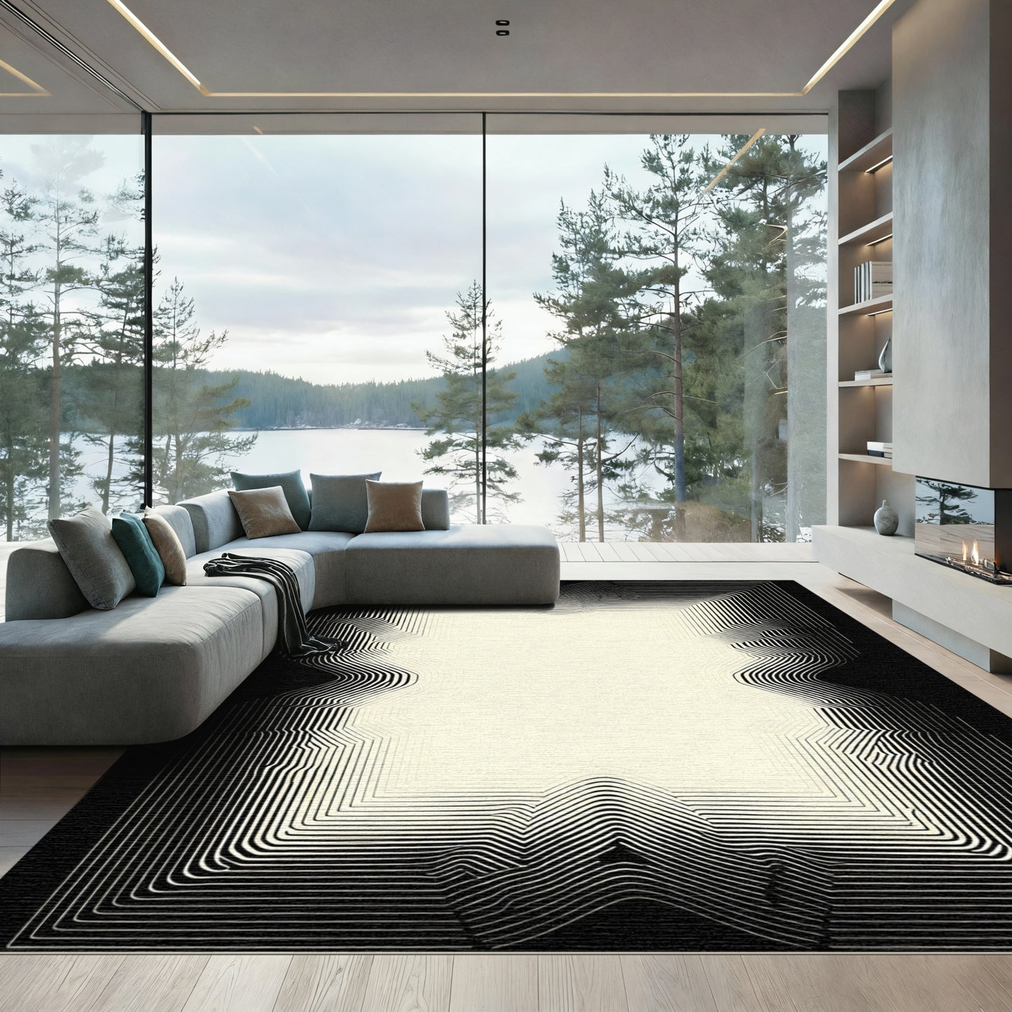 Abstract Cream Black Curved Lines Rug