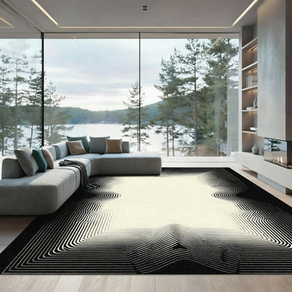 Abstract Cream Black Curved Lines Rug
