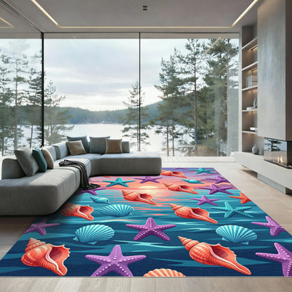 Vibrant Coastal Sunset Seashell Starfish Rug