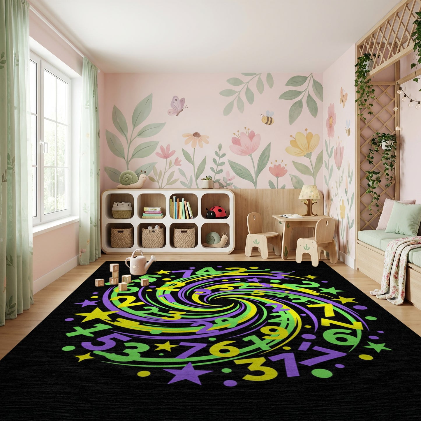 Swirling Purple Green Yellow Numbers Stars Rug