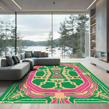 Vibrant Pink Green Floral Medallion Rug