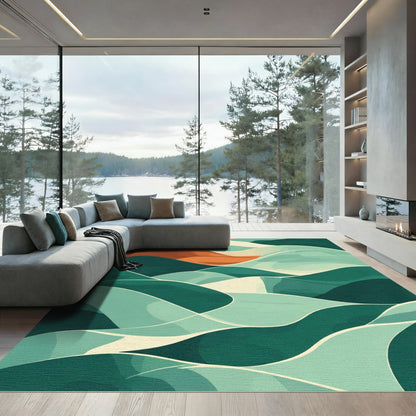 Abstract Teal Orange Wavy Landscape Rug