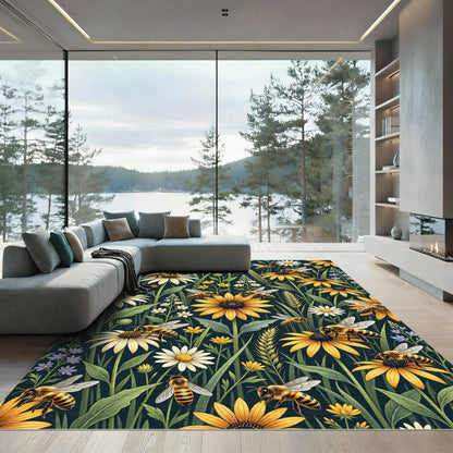 Honeybee Meadow Yellow Floral Field Rug