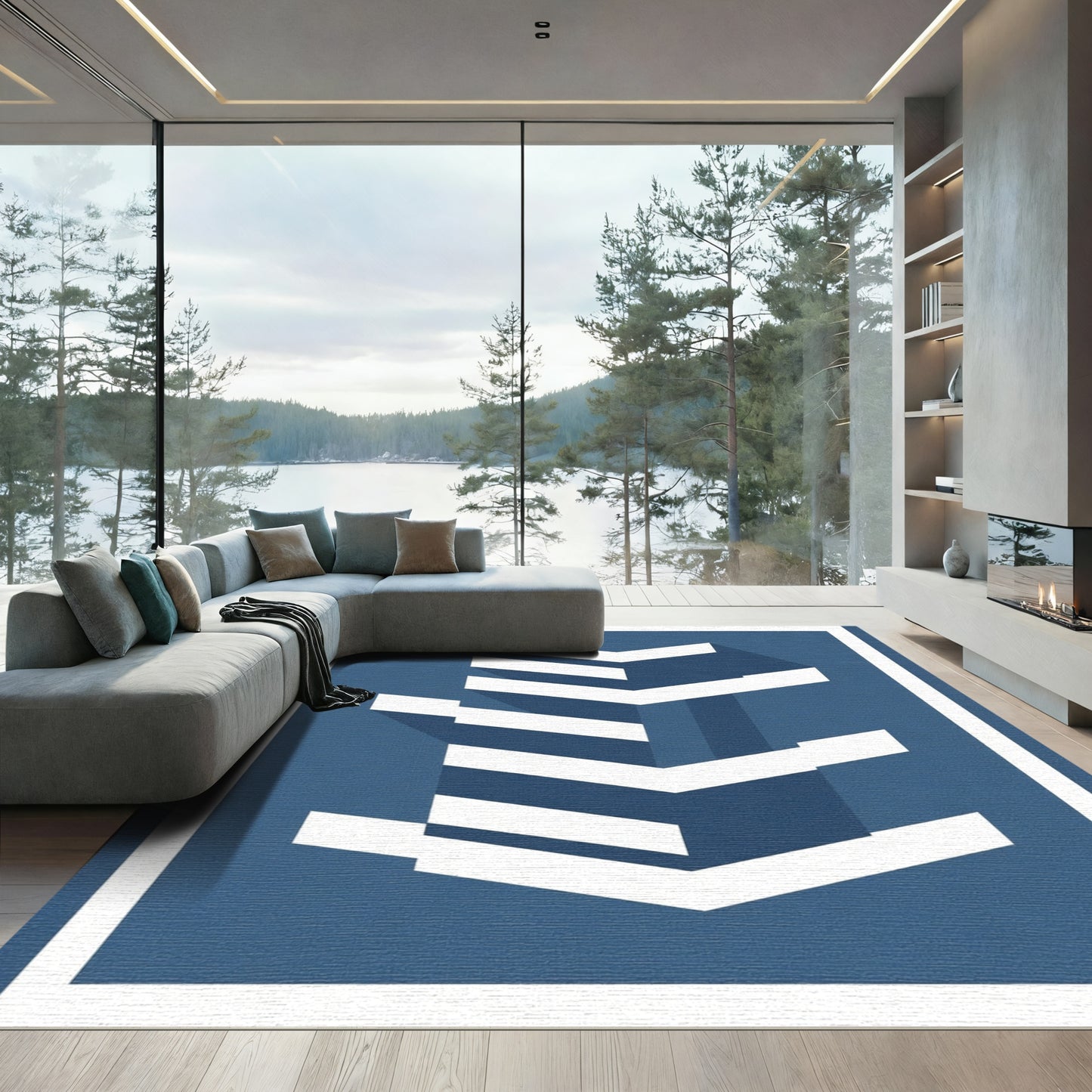 Modern Blue White Geometric Shape Rug