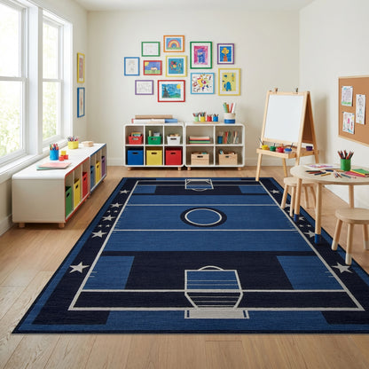 Navy Basketball Court Hoops Stars Rug
