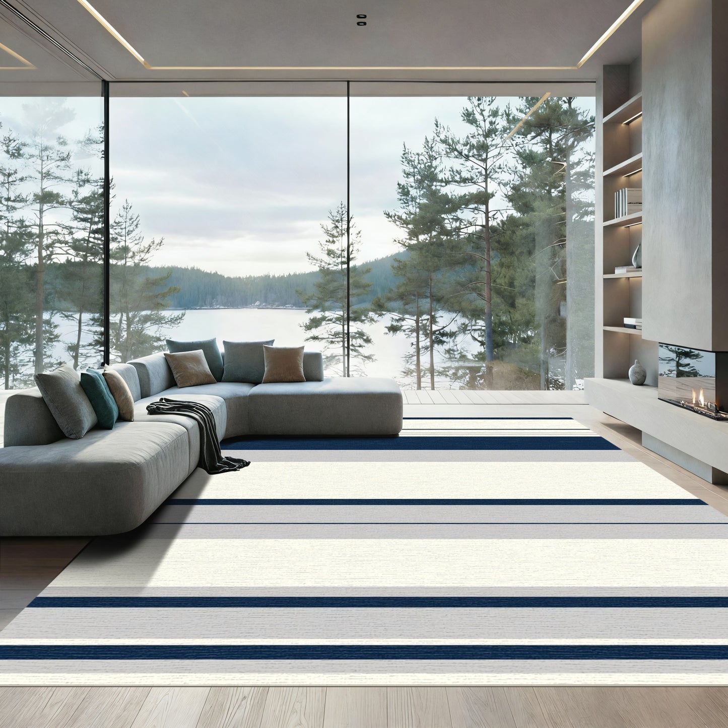 Bold Navy Gray Cream Horizontal Stripes Rug