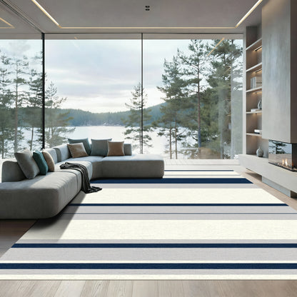 Bold Navy Gray Cream Horizontal Stripes Rug