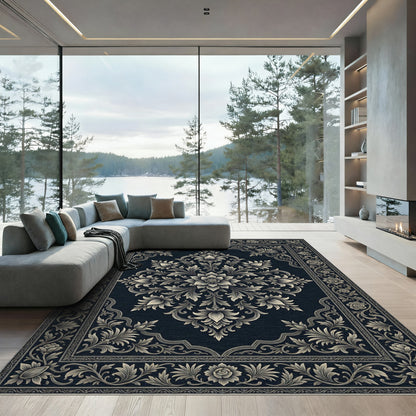 Ornate Grey Floral Medallion Dark Rug