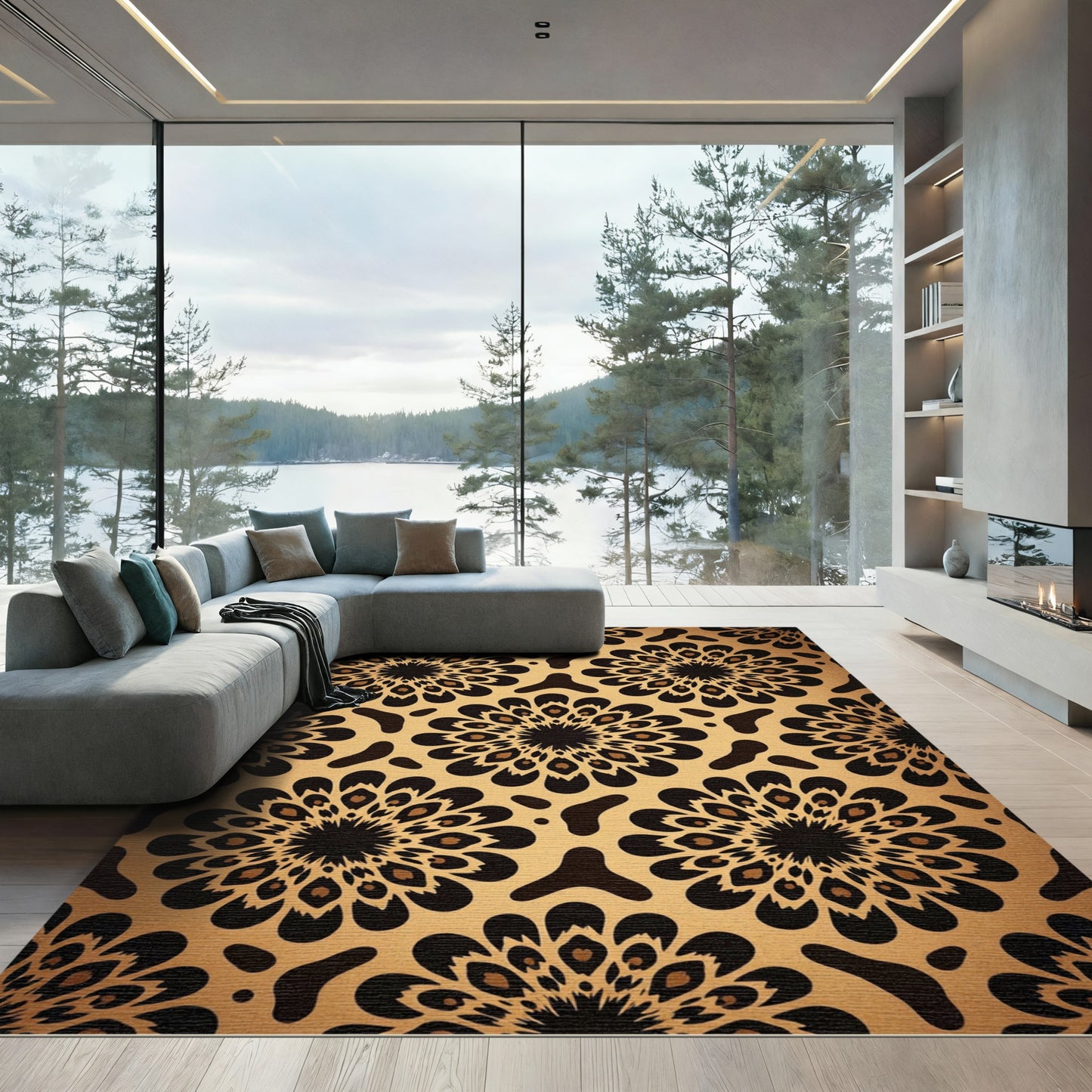 Golden Black Sunburst Medallion Rug